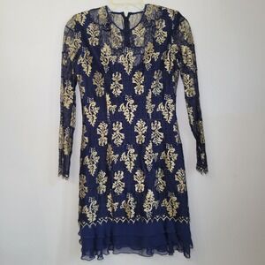 La Muse Navy Blue Gold Metallic Silk Blend‎ Lace Ruffle Hem Cocktail Dress